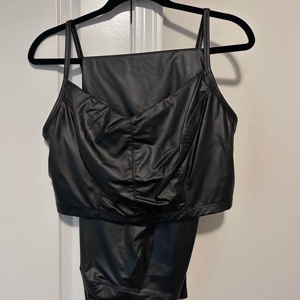 aerie Black Faux Leather Leggings & Crop Tank Set